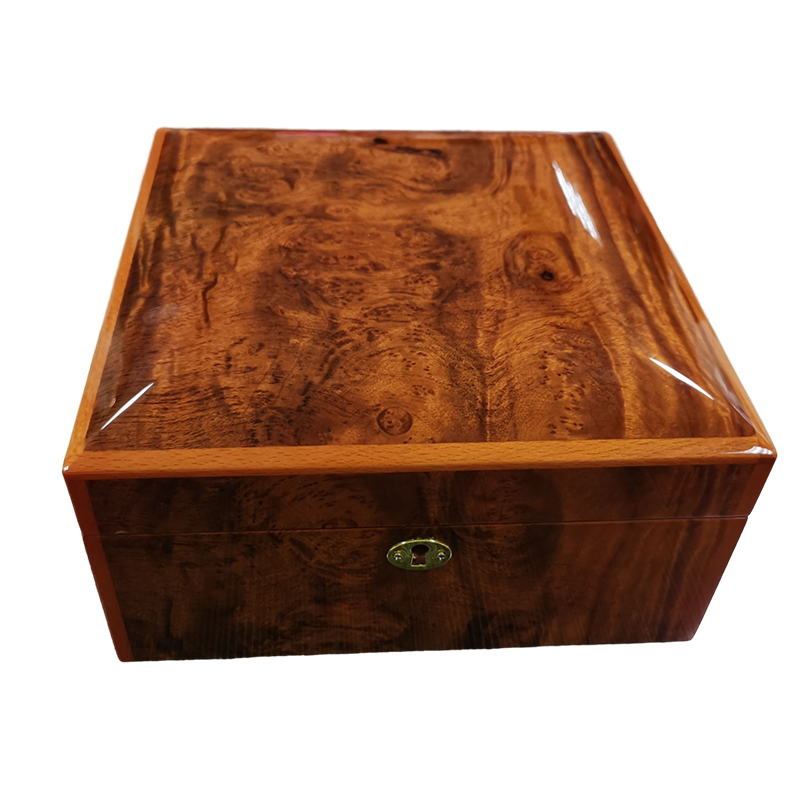 Custom Luxurious Wooden Box Manufacturer High Gloss Lacquer Tree Burl Wooden Watch Box Design Moveable Watch Tray w/storage box